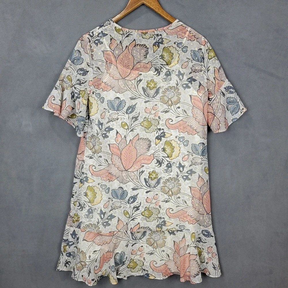 Loft Shift Dress Women's XS Multicolor Floral Lined Round Neck Short Sleeve Boho